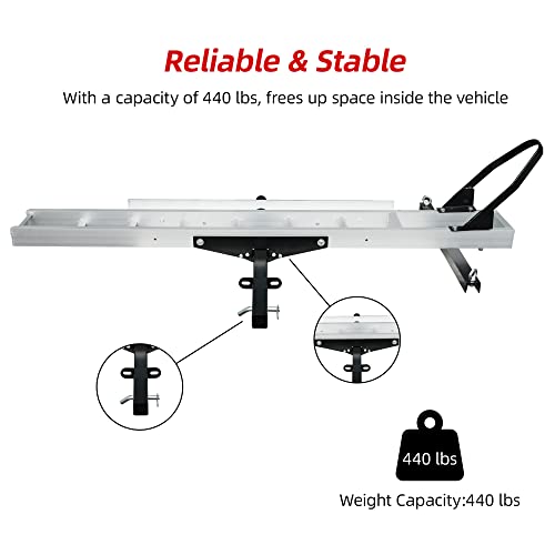 Aluminum Motorcycle Carrier with Loading Ramp, 2\'\' Receiver Hitch-Mounted Motorcycle Dirt Bike Scooter Carrier Hitch Rack Hauler Trailer, Quick-Assembled, Easy-Used, Anti Wobble, 440 lb Capacity - Thumbnail 3