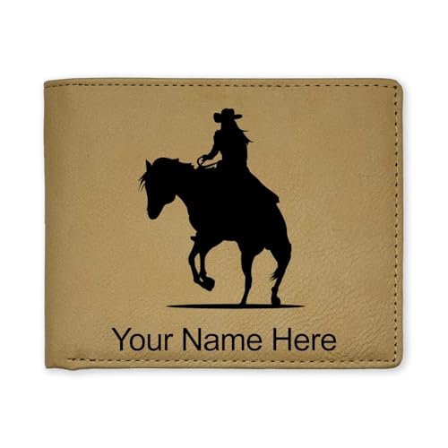 LaserGram Faux Leather Bi-Fold Wallet, Cowgirl Riding Horse, Personalized Engraving Included (Beige)