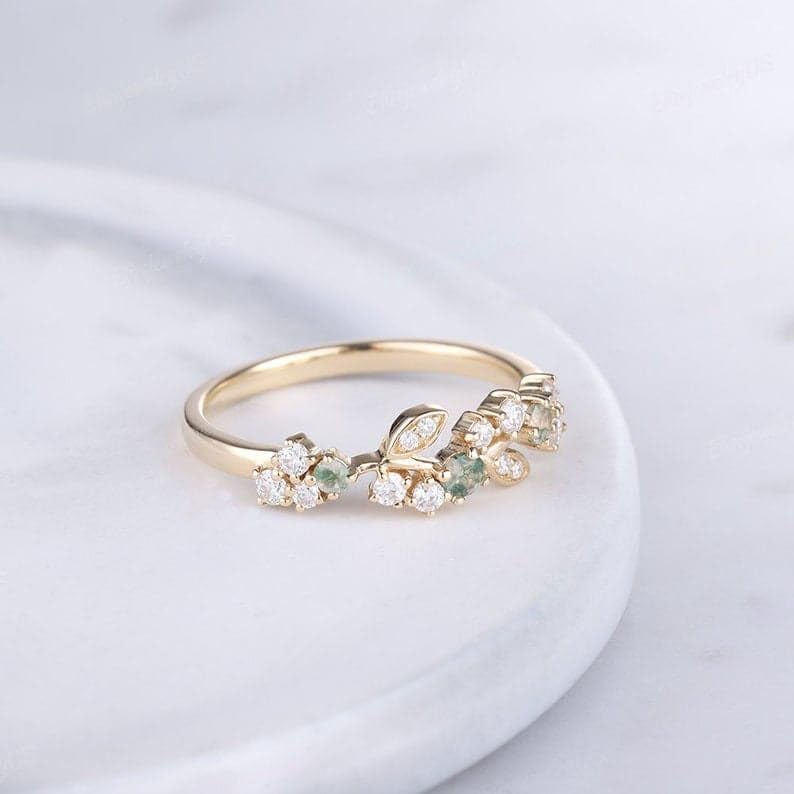 Leaf moss agate wedding band wedding band unique green agate ring nature inspired leaf floral ring Moss agate & Cz ring for women