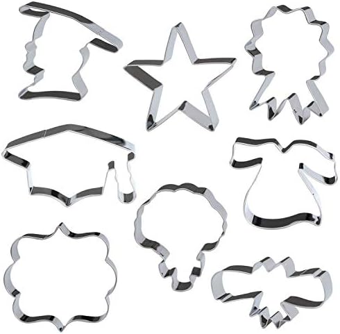 Men Graduation Cookie Cutter Cake Mould 8-Piece set with Graduation Cap,Diploma, Star, Gown, Medal, Plaque Frame, Flower,Male Graduate