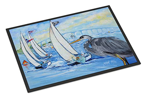 Caroline's Treasures JMK1001MAT Blue Heron Sailboats Dog River Bridge Doormat 18x27 Front Door Mat Indoor Outdoor Rugs for Entryway, Non Slip Washable Low Pile, 18H X 27W