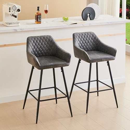ZOONFA Set of 2 Bar Stools Upholstered Breakfast Kitchen Stools Faux Suede High Bar Chair With Armrest & Backrest For Kitchen Counter Barstools (Suede Grey)