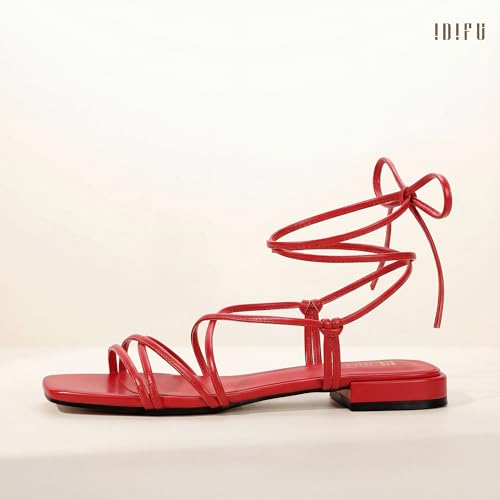 Image of IDIFU Strappy Lace Up Flat Sandals for Women Tie Up Square Open Toe Ankle Wrap Straps Dressy Gladiator Summer Beach Wedding Party Ladies Comfortable Cute Casual Dress Sandals