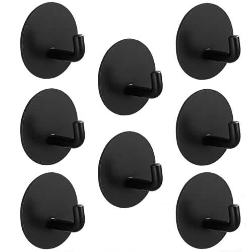 Yukrilt Black Adhesive Hooks for Hanging, 8 Pack Towel Hooks, Heavy Duty 15lb(Max), No Drill, Removable, Waterproof, Stainless Steel Sticky Hooks for Bathrooms, Shower