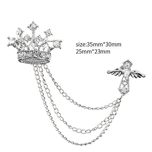 Image of Crystal Crown Cross Chain Brooch Pin,Long Chain Tassel Wing Suit Lapel Pin Rhinestone Crown Badge Pin Jewelry for Women Men Birthday Gifts