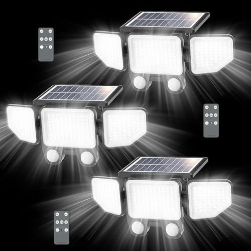 Onforu Solar Lights Outdoor, 3000LM Motion Sensor Security Flood Lights with Remote Control, 3 Modes, IP65 Waterproof Solar Powered for Yard, Pathway, Garden, Pool, Garage, 3 Pack