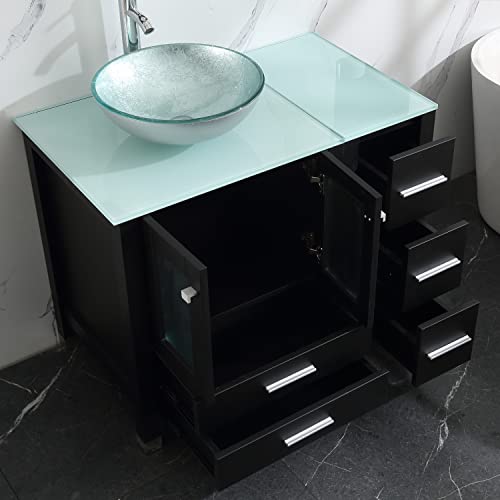 Walcut 36" Bathroom Vanity And Sink Combo Wood Cabinet And Glass Vessel Sink And Faucet Combo Bathroom Vanities(5) #TOP5