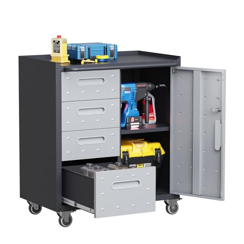 Reegangfa 4-Drawer Rolling Tool Chest, Metal Tool Storage Cabinet on Wheels, Heavy Duty Tool Cart with Lockable Door & Handle, Mobile Toolbox, Steel Locker for Garage, Home, Warehouse, Black & Grey