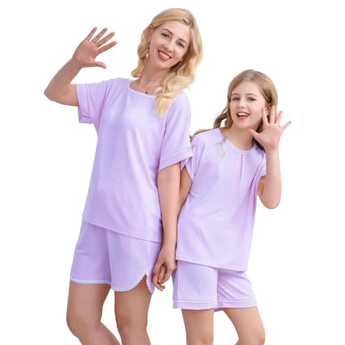 V.&GRIN Girls Women Pajama Set, Summer Ribbed Knit 2 Piece Short Sleeve Sleepwear Mommy and Me Matching Pjs Sets4