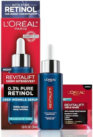 Revitalift 0.3% Pure Retinol Night Serum, Reduce Deep Wrinkles, Fragrance Free 1 oz + Moisturizer Sample