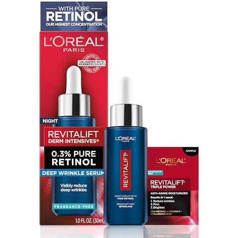 L'Oreal Paris Revitalift 0.3% Pure Retinol Night Serum, Reduce Deep Wrinkles, Fragrance Free 1 oz + Moisturizer Sample Cover