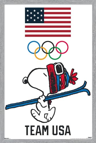 Trends International Team USA x Peanuts – Snoopy Winter Ski Jump Wall Poster, 22.4L x 14.7W, Gray Framed Version