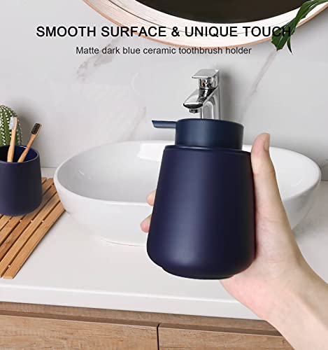 2 Pcs Bathroom Accessories Set, Dark Blue Ceramic Soap Dispenser And Toothbrush Holder Cup Set Farmhouse Bathroom Decor, Lotion Soap Dispenser For Essential Oil, Lotion Soap #TOP3