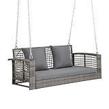 VINGLI 4 FT Rattan Porch Swing Outdoor Support 800 LBS with Cushions & Adjustable Chains, Patio Wicker Swing Bench Chair for Garden, Yard, Lawn, Tree, Grey