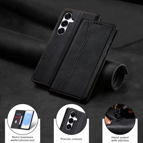 Image of Jasonyu Flip Wallet Case for Samsung Galaxy S25,Leather Magnetic Folio Cover with Card Holder,Kickstand - TPU Shockproof Durable Protective Phone Case,Black