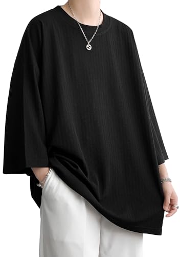 [Fasshonrida] 七分袖 メンズ Tシャツ おしゃれ 縦縞ジャガード 半袖 ティーシャツ 涼しい 夏服 人気 無地 ロンt 大きいサイズ てぃーしゃつ しちぶ袖 トップス かっこいい 服 オシャレ ストライプ柄 tshirt 春 夏 black L（Amazon）