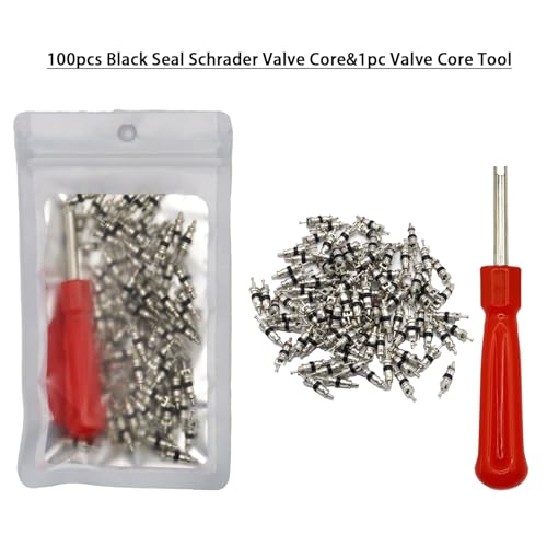 Image of 100Pcs Schrader Tire Valve Core and 1Pc Valve Core Removal Tool,Replacement for General Vehicles of Cars,Motorcycles,Bicycles and Trucks,Two Colors Seal Rubber Ring Available (Black)