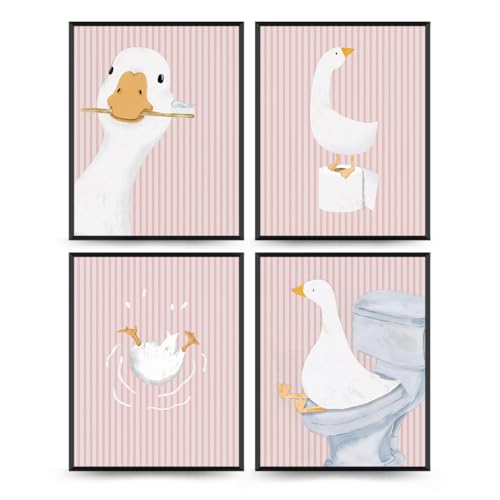 Wheatwin Girls Bathroom Decor Set, Pink Goose Nursery Animal Bathroom Wall Decorations for Kids Toddler Little Girls Toilet Washroom, 8x10 Unframed 4Pcs - Pink