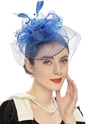 Cizoe Kentucky Derby Fascinators for Women High Tea Party Headbands Wedding Cocktail Flower Mesh Feathers Hair Clip(A-Blue)