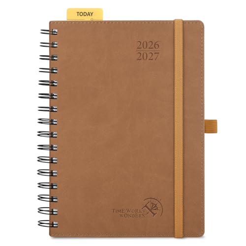 POPRUN Lehrerkalender 2026 2027 Spiralbindung A5 auf Deutsch - Lehrerplaner 26/27 für die Unterricht mit Monatliches Register. Schulplaner mit PU-Leder Softcover für Lehrerinnen und Lehrer (Braun)