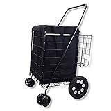 Double Basket Flat Folding Shopping Cart with Swivel Wheels for Laundry Grocery Shopping (Black Cart...