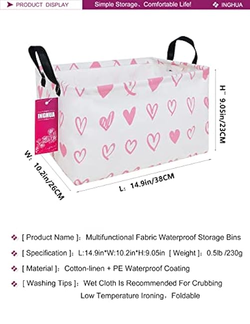Rectangular Storage Basket Fabric Organizer Bin for Toys,Books,Clothes,Gifts,Pets-Perfect for Home,Office,Nursery,Dorm,Shelf(Rec-Pink hearts )