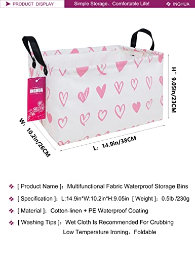 Image of Rectangular Storage Basket Fabric Organizer Bin for Toys,Books,Clothes,Gifts,Pets-Perfect for Home,Office,Nursery,Dorm,Shelf(Rec-Pink hearts )