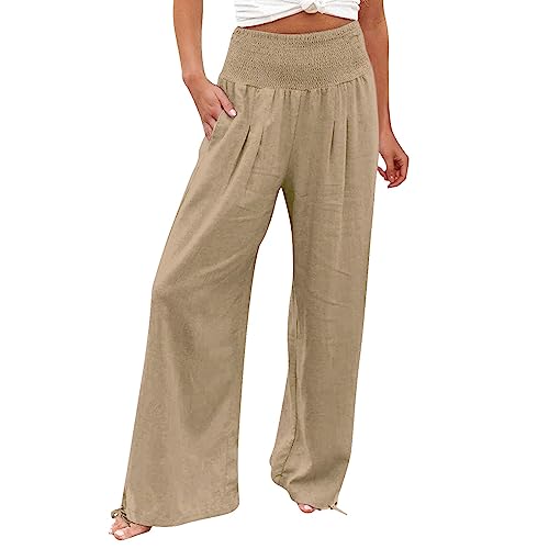 Wide Leg Linen Pants Women Straight Leg Solid Color Casual High Waisted Boho Pants Beach Summer Breathable Plain Trousers