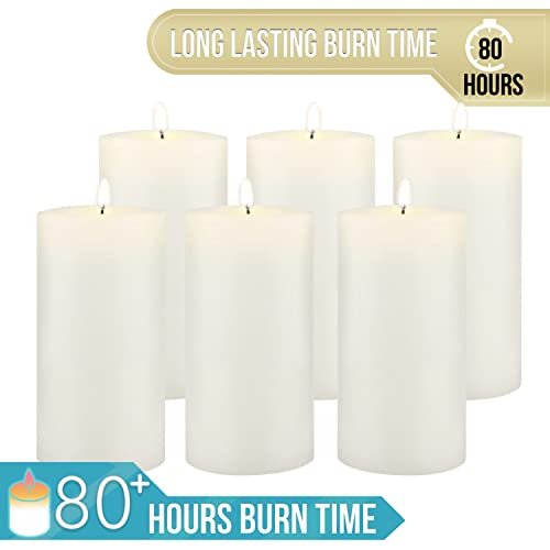 Image of Stonebriar Tall 3 x 6 Inch 80 Hour Long Burning Unscented Wax Flat Top Pillar Candles, White, 6 Pack
