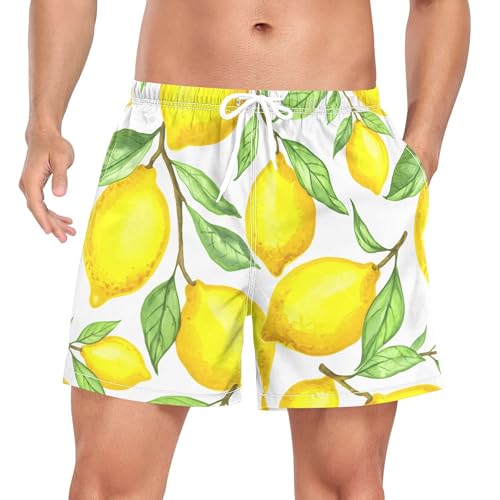 xigua Yellow Lemons Mens Swim Trunks with Liner, 5 inch Quick Dry Mens Boardshorts for Beach