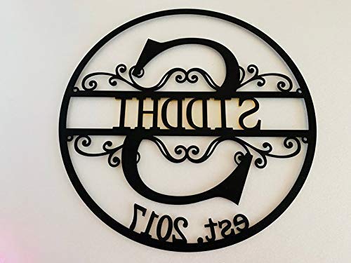 FranJohnsonHouse Personalized Family Last Name Sign Initial Split Letter Wreath Wedding Gift Custom First Names Est Year Established Sign Monogram Door Hanger Wall Decor Housewarming Gift (Design 3)