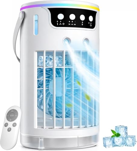 Aire acondicionado portátil 4 en 1, 1200 ml, enfriador de aire evaporativo para dormitorio con 3 velocidades, temporizador 2-4-8 h y 7 luces de color, mini mando a distancia para el hogar, el