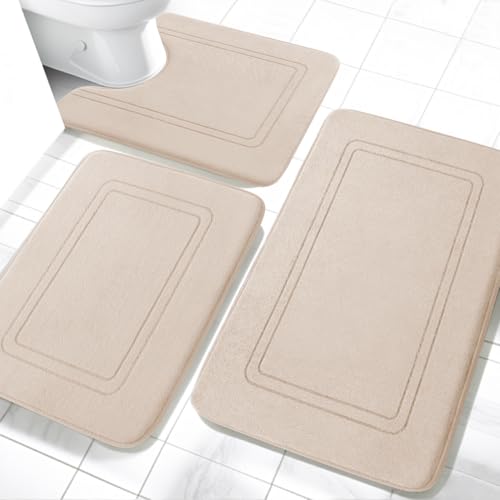 chakme Lot de 3 tapis de salle de bain en mousse à mémoire de forme souple et tapis de WC en forme de U - Antidérapant et lavable - Beige