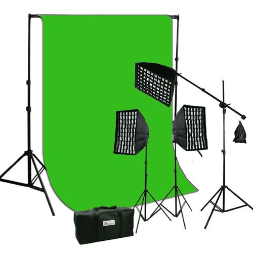 ePhoto Studio Continuous Video Light Softbox HoneyComb Grid Kit & 10 x 12 ChromaKey Digital Green Screen Muslin Background Support HGD2-1012G