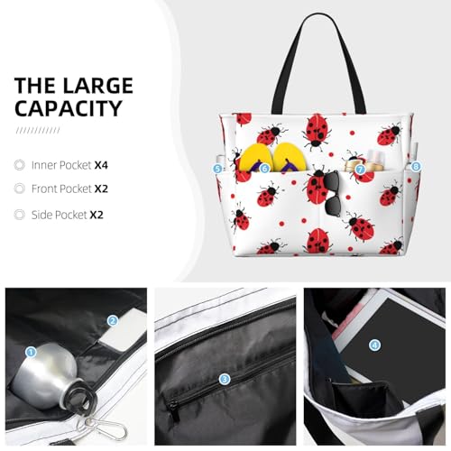 Ladybugs Pattern Beach Bag Cute Bird Pool Bag for Women Waterproof Large Travel Tote with Zipper Organizer for Swimming Vacation Essentials3