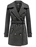 wantdo Women's Double Breasted Pea Coat Winter Mid-Long Trench Coat with Belt Dark Grey XX-Large