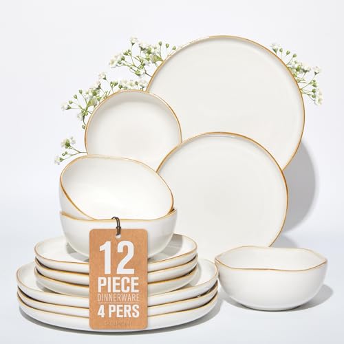 Image of Pokini Dinnerware Set for 4, Ceramic Dish Set, Plate and Bowl Set, Microwave & Dishwasher Safe Dishware Set, Chip & Scratch Resistant Dinner Sets, Irregular Edge Design, White