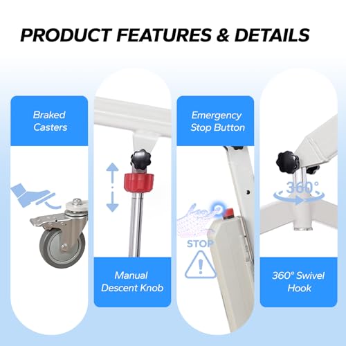 Image of Electric Patient Lift with Commode Sling, Full Size | 500lbs, Full Partial Paralysis Disabled Bedridden, Battery Powered, Home Hospital Healthcare Use