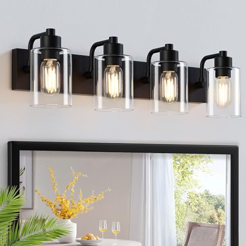 Dpyrrhic Bathroom Vanity Light, Modern Matte Black 4-Light Bathroom Lights Over Mirror with Clear Glass Shade,Wall Sconces for Bedroom,Living Room