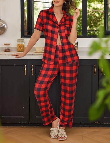 Image of Ekouaer Womens Pajamas Set Short Sleeve Button Down Top & Pants Lounge Pjs | Soft Sleepwear with long pants, ideal for Home relaxation, Wedding, Party, Daily Wear & Breastfeeding