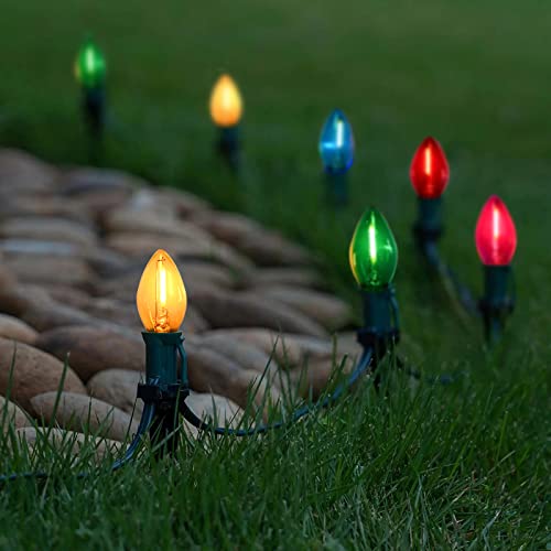 Image of C7 Christmas Lights Multicolor 25Ft Outdoor Patio String Light with 27 LED Clear Multicolor Bulbs, Vintage Christmas Lights for Outdoor Roofline Xmas Garden Wedding Party Decorations- Green Wire