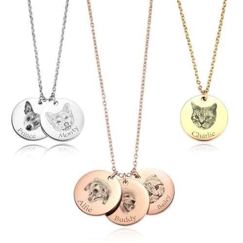 MeMeDIY Personalized Pet Mom Gifts Custom Pet Portrait Necklace with Engraved Pet Sketch/Color Photo Personalized Dog Cat Necklace for Animal Lover - A1
