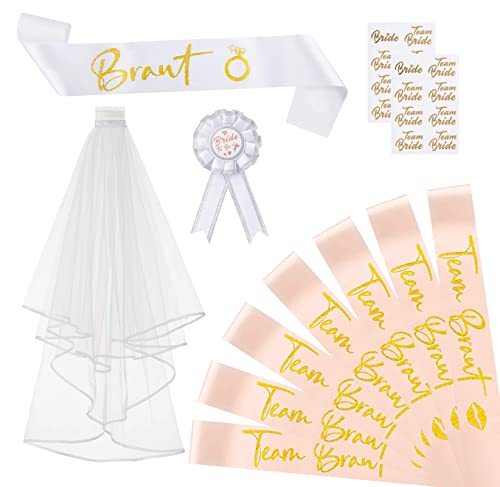 Deko Schärpe Set, 12PCS Braut und Team Braut Schärpe Set mit 1 Bride to Be Schärpe, 7 Roségold Team Bride Schärpe, 1 Weiß Braut Schleier, 1 Button, 2 Aufkleber, für junggesellenabschied frauen Cover