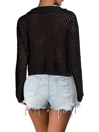 Image of Womens Tie Front Crochet Cardigan Sweaters Lightweight Hollow Out Beach Cover Up Long Sleeve Collared Summer Shrug