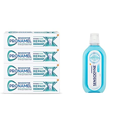 Image of Sensodyne Pronamel Intensive Enamel Repair Extra Fresh for Acid Weakened Enamel, 4x75ml & Mouthwash for Sensitive Teeth, Enamel Care Alcohol Free Mouthwash for Healthy Gums and Strong Teeth