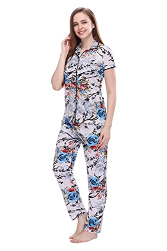 Image of Printed Night Suit for Women - Leopard Print Satin Shirt and Pyjama Set (Front Open Collar Night Suit)