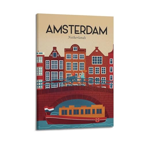 Poster voyage Amsterdam déco salon peinture moderne paysage canaux Pays-Bas