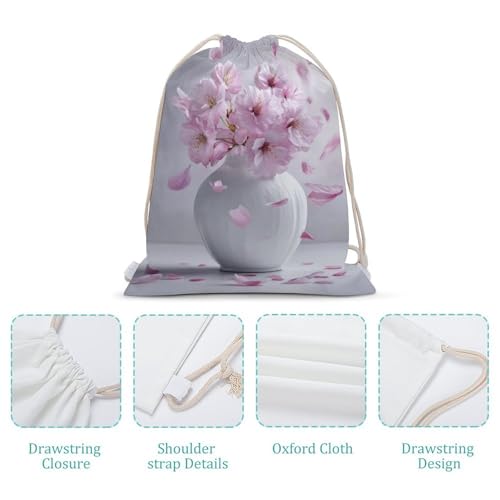 White Vase with Pink Cherry Drawstring Backpack Canvas String Bag Lightweight Sports Gym Bag for Men Women4