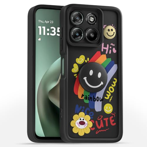 Image of Pikkme Back Cover for Motorola Moto G67 Power 5G / G57 Power 5G | Soft Silicone| Cute Rainbow Smile & 3D Cartoon Flower Design | Shockproof Raised Camera Protection Bumper Case (Black)