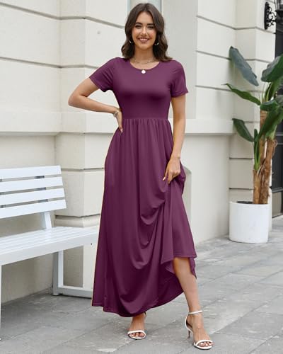 Image of COSSEN Women's Crew Neck Short Sleeve Maxi Dress with Pockets Casual Loose Swing for Wedding Guest Beach Vacation
